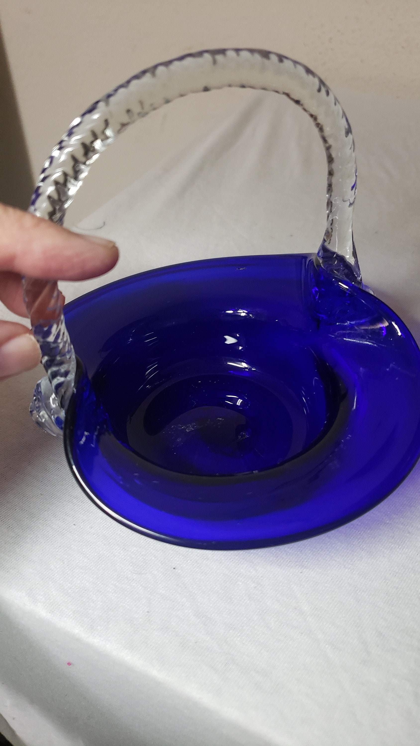 Vintage Cobalt Blue Glass Basket With Clear Handle Etsy