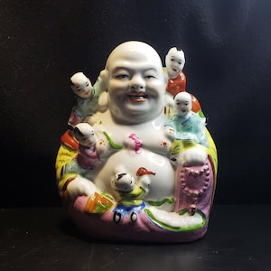 1950s Buddha With 5 Children | Five Perfections | Vintage Chinese Famille Rose Porcelain | Laughing Hotei Buddha | Maitreya Buddha