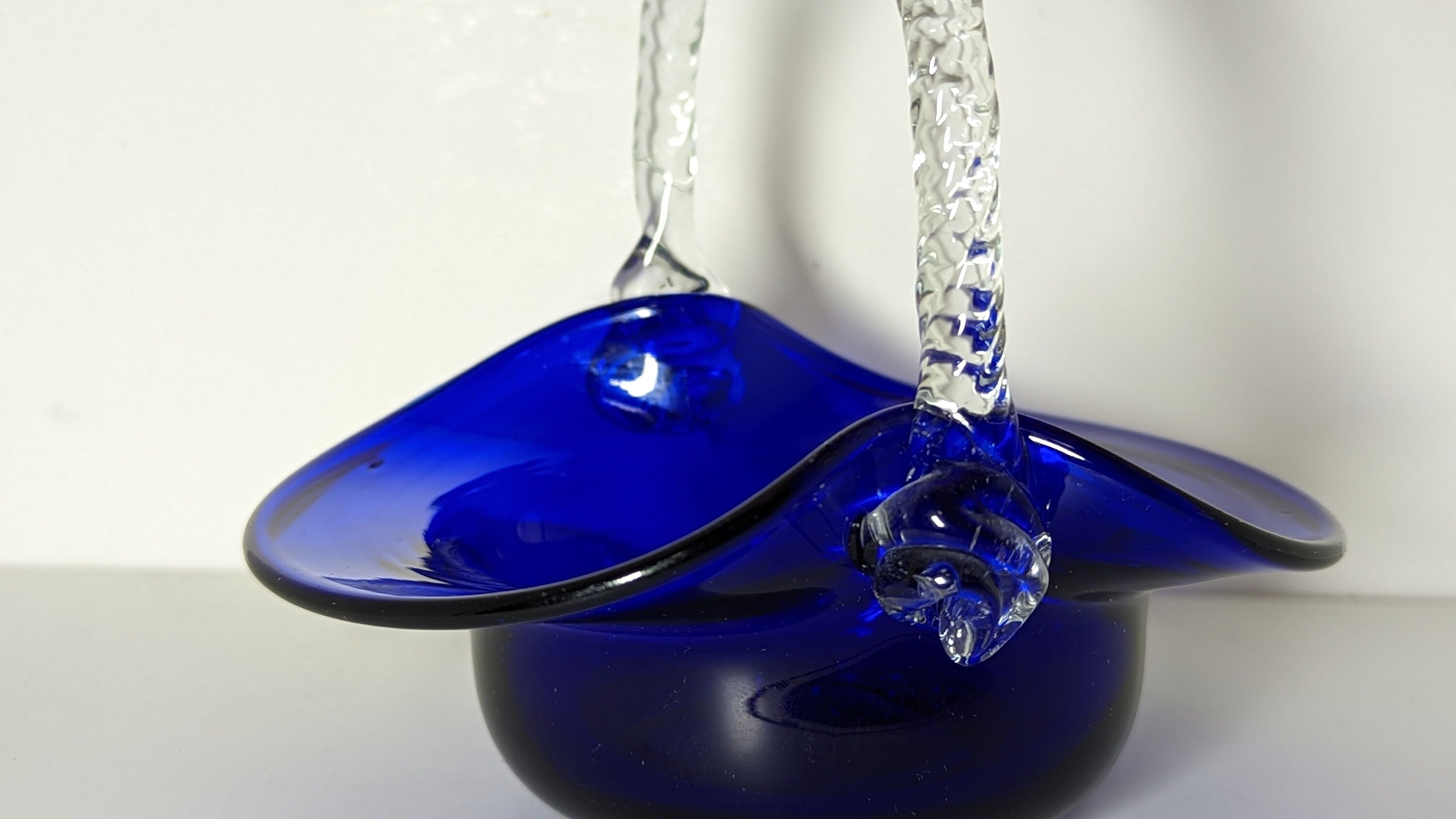 Vintage Cobalt Blue Glass Basket With Clear Handle Etsy