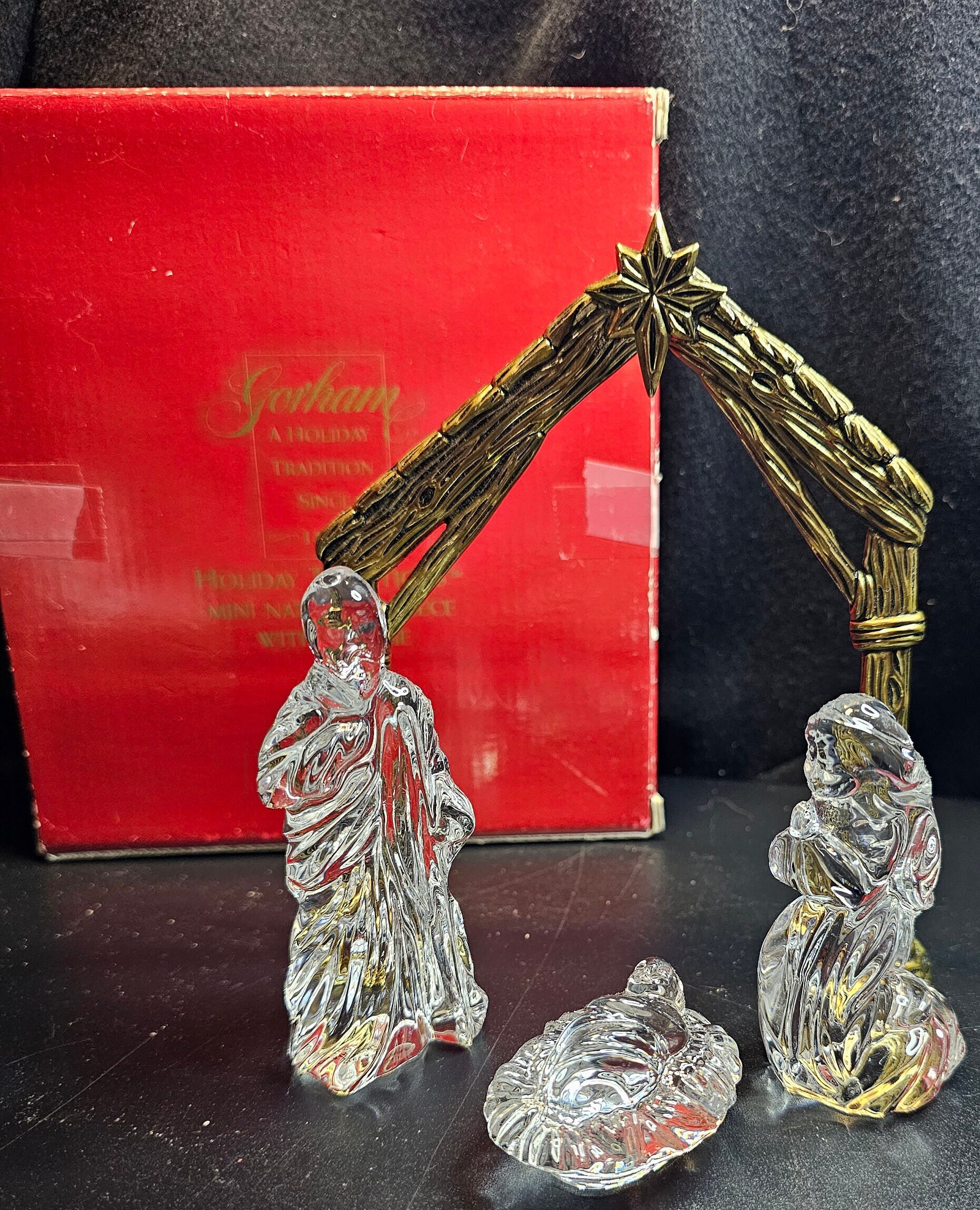 Gorham Lead Crystal Nativity Scene With Box 4 Pieces Brass Stable Arch