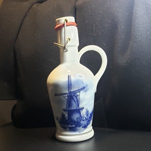 Vintage 1984 Delft Blaun Hand decorated In Holland Windmill Design Flip Top Dutch Bottle/Decanter - Blue And White Pottery
