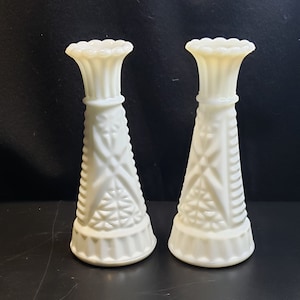 TWO Vintage Stars and Bars Milk Glass Bud Vases | Anchor Hocking | MCM | MidCentury Modern | Wedding Decor