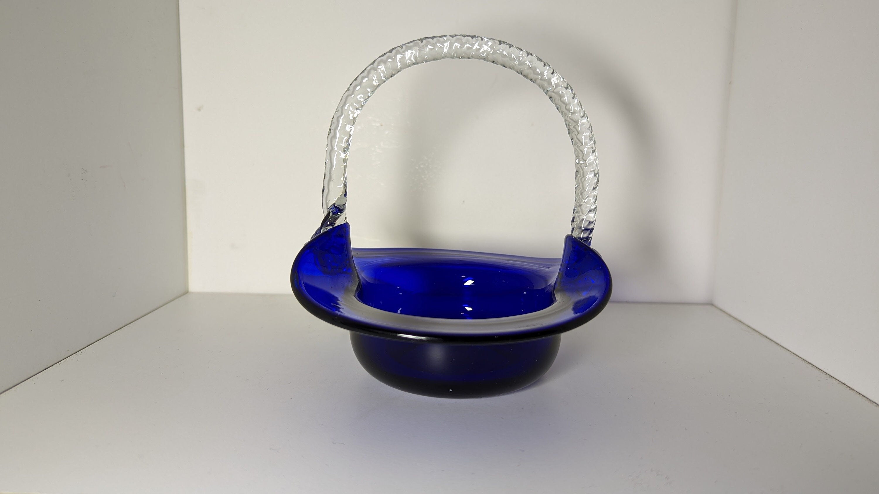 Vintage Cobalt Blue Glass Basket With Clear Handle Etsy
