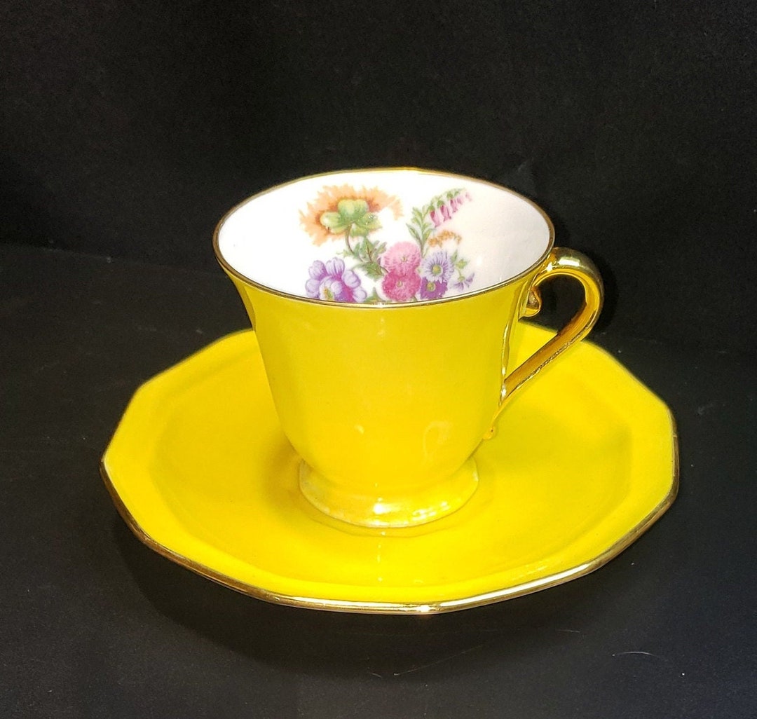 Vintage B&C Limoges Tea Cup and Saucer Duo Bright Yellow Gold Trim