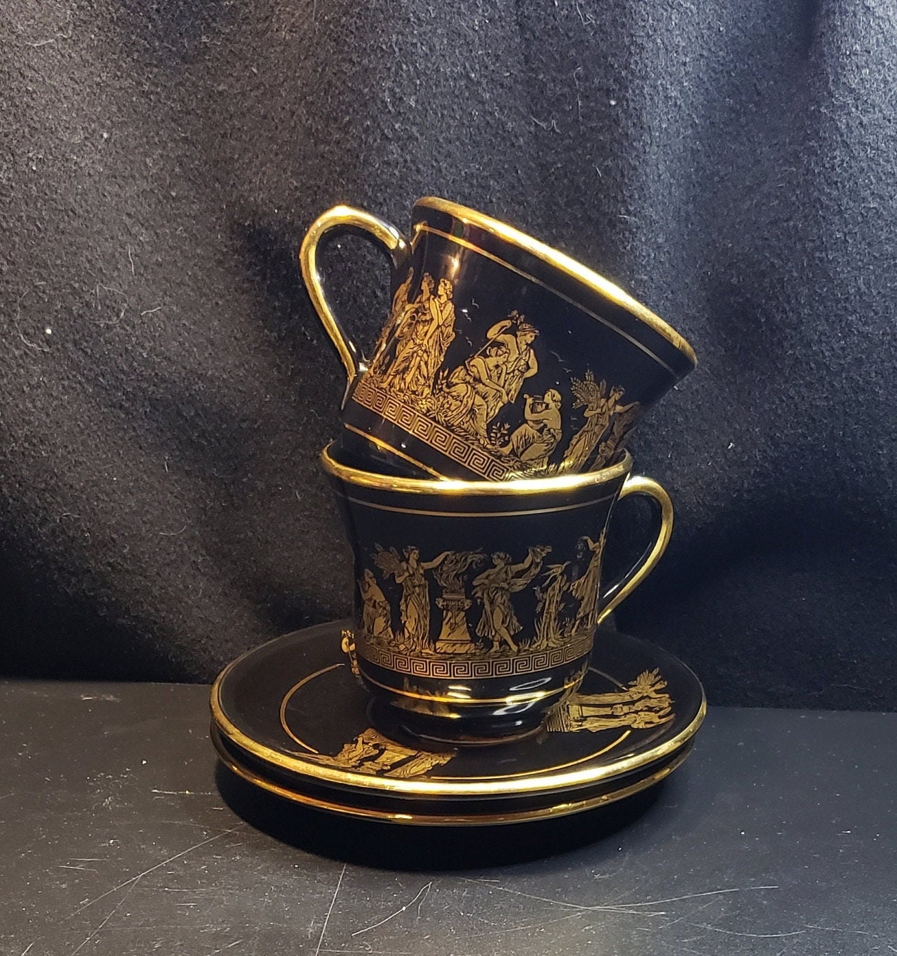 TWO Vintage Stella Terracotta Tea Cups Black with 24k GOLD trim 