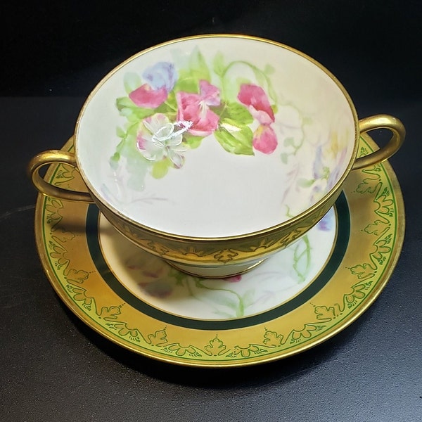 Antique Limoges Coronet France Teacup | Cup and Saucer Duo | Double Handled | Emerald Green | Circa 1906 - 1920| Gold | Floral