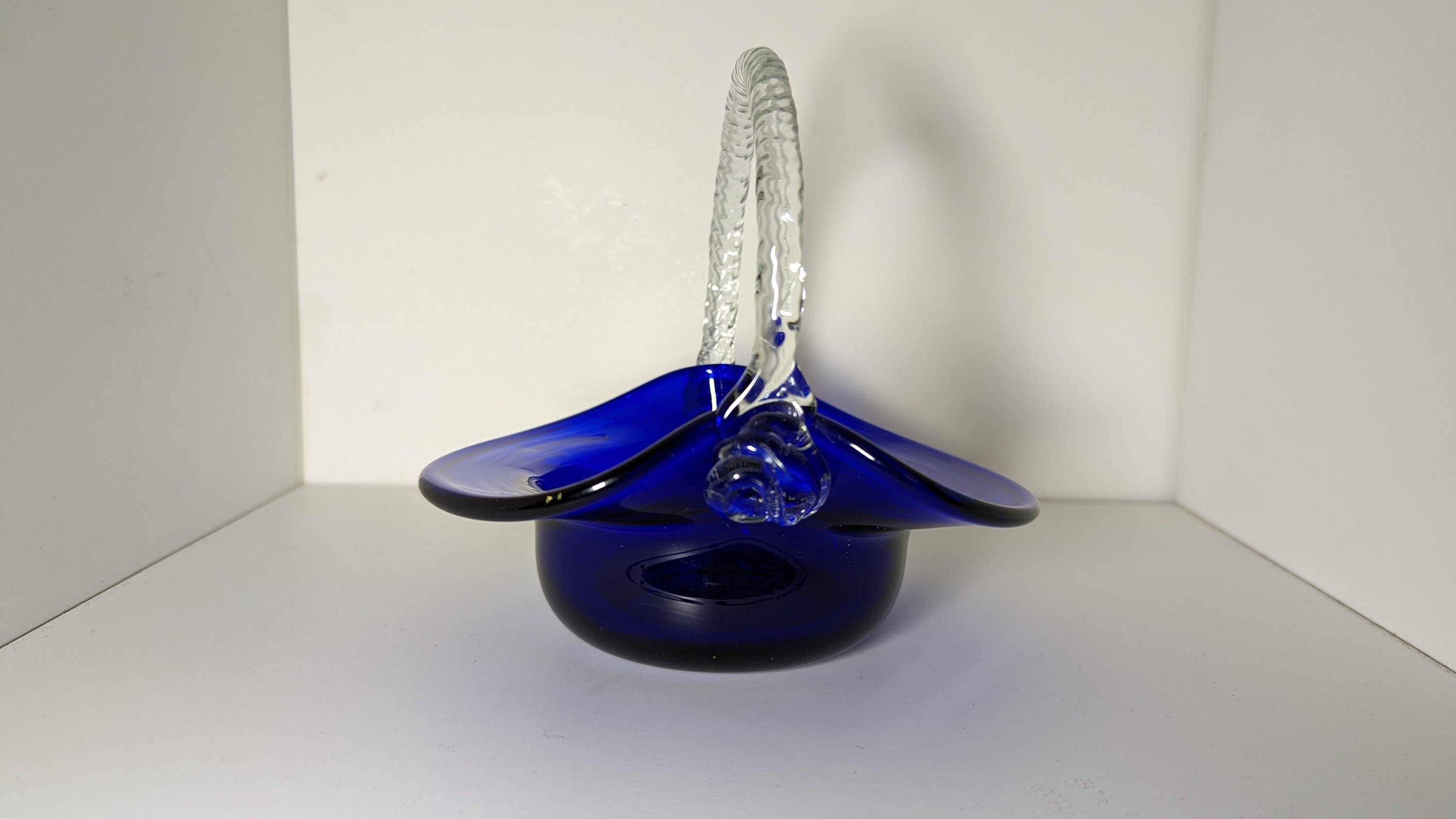 Vintage Cobalt Blue Glass Basket With Clear Handle Etsy