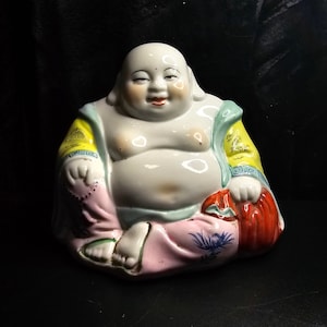 Large Chinese Porcelain Smiling Buddha | Familia Rose | Red Marked | Made in China | 6&quot; inches
