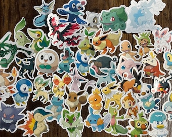May include: A collection of colorful Pokemon character stickers. The stickers feature various Pokemon characters, including Bulbasaur, Charmander, Squirtle, Pikachu, and many more. The stickers are perfect for decorating laptops, water bottles, notebooks, and other personal items.