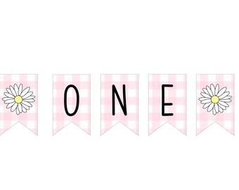 First Birthday Banner, Pink Gingham High Chair Banner, Daisy High Chair Banner, Pink Daisy Banner, Digital Download First Birthday Banner