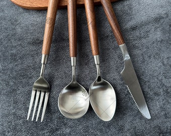 Walnut Wood Handle Stainless Steel Flatware, Dinner Knives, Forks, Spoons, Utensil Sets, Flatware Set for 4