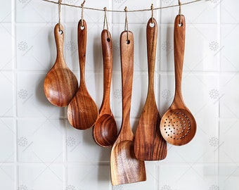 Handmade Wooden Cooking Utensils, Soup Spoon/Ladle/Rice Spoon/Strainer, Kitchen Tool Set