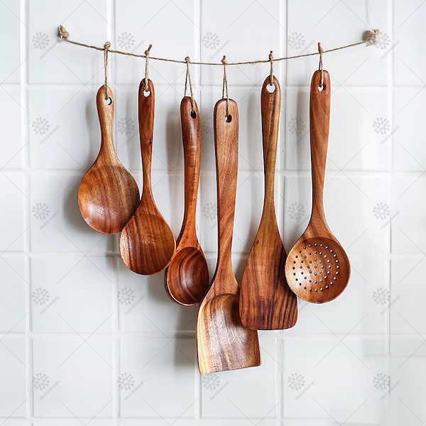 Handmade Wooden Cooking Utensils, Soup Spoon/Ladle/Rice Spoon/Strainer, Kitchen Tool Set