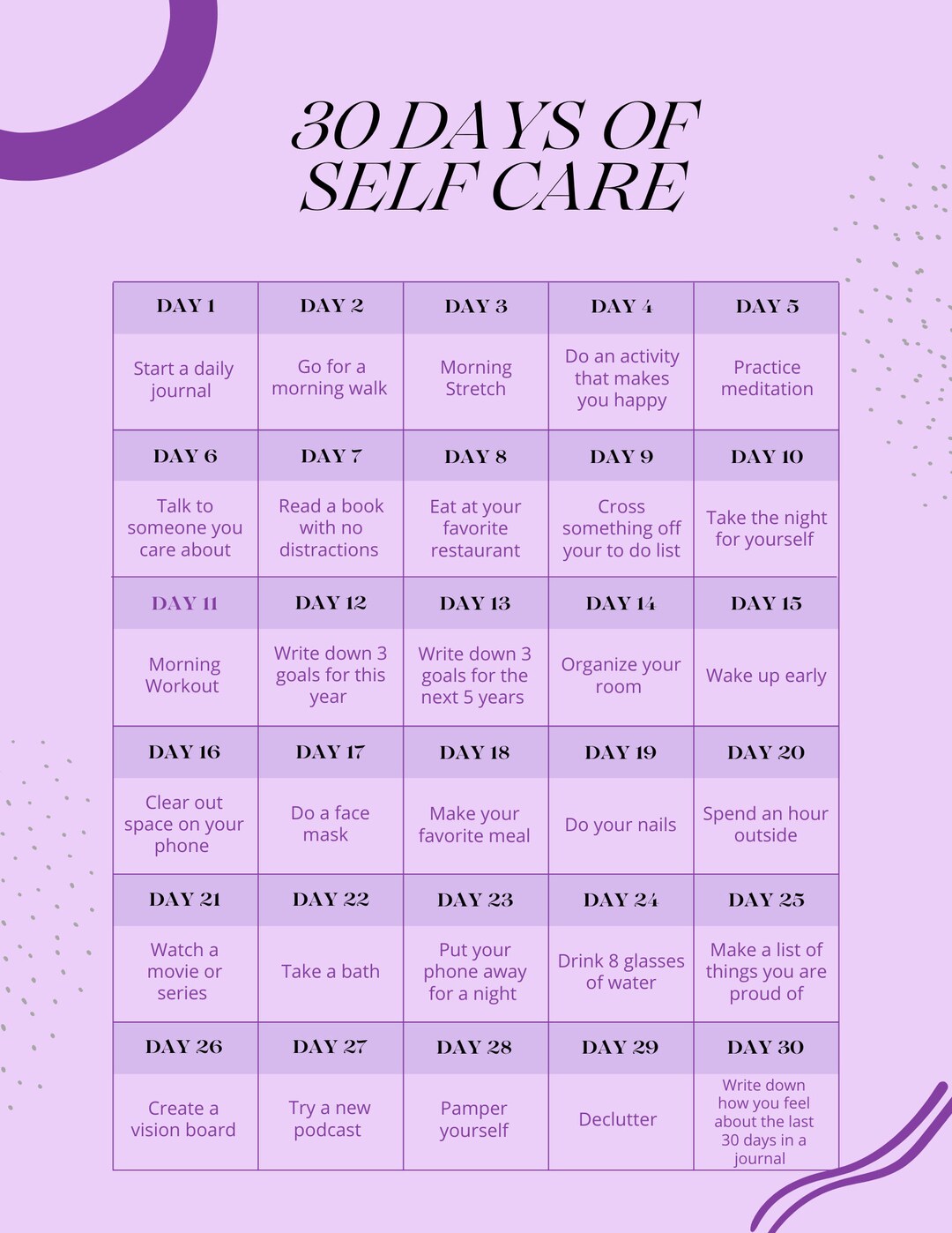30 Days of Self Care Calendar Etsy