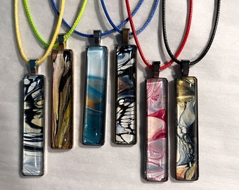 Beautiful One-of-a-Kind Long Rectangle Pendant Necklaces - Multicolored Fluid Art