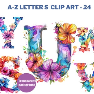 Alphabet lebendige Aquarell png, 24 Blumen Buchstaben Clipart, Digitaldruck, Illustration Set, Aufkleber, Scrapbook, Junk Journal, Papierhandwerk