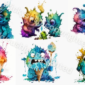 Cute Monster watercolor Clipart part 2 - 18 PNG - Digital Paper Craft,Clipart Pack, Transparent Background sublimation design,Gothic Monster