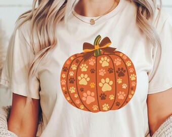 Fall Pumpkin Dog Lover Shirt for Women Cute Pumpkin Dog Shirt Halloween Dog Lover Tee Fall Thanksgiving Paw Print Shirt Halloween Dog Gift