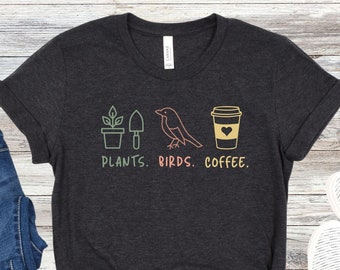 Maglietta per amanti del caffè con uccelli e piante, maglietta carina per amanti della natura, regalo per amanti degli uccelli, maglietta regalo per ragazza con pantaloni, maglietta carina per birdwatching per nerd degli uccelli