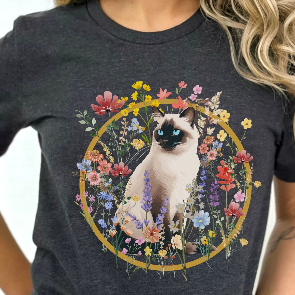 Siamese Cat Shirt, Floral Cat Shirt For Women, Siamese Cat Gift For Mom, Cat Mama Shirt, Cute Animal Lover TShirt, Cottage Core Cat Shirt