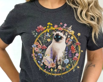 Siamese Cat Shirt, Floral Cat Shirt For Women, Siamese Cat Gift For Mom, Cat Mama Shirt, Cute Animal Lover TShirt, Cottage Core Cat Shirt