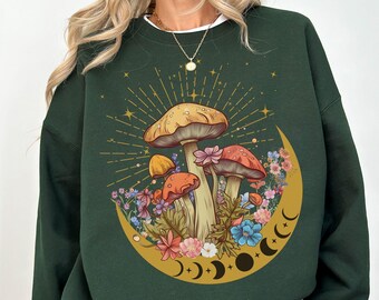 Cottage Core Mushroom Moon Phase Sweatshirt Mushroom Spiritual Hoodie for Women Mystical Moon Lover gift for Celestial Moon Phase Boho Hoodi