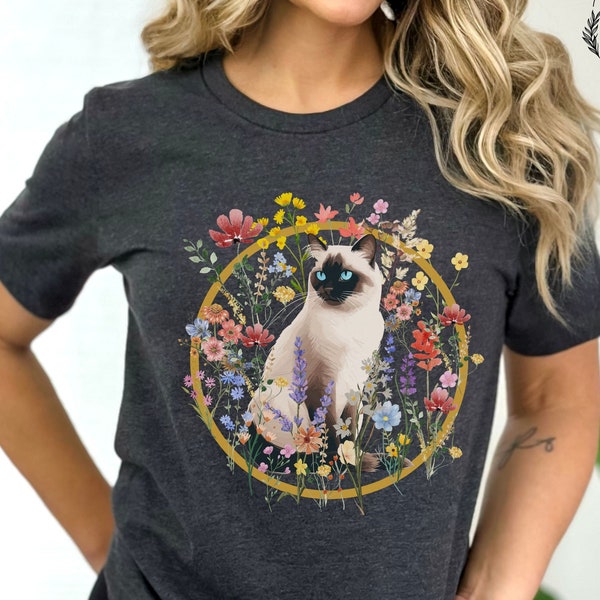Siamese Cat Shirt, Floral Cat Shirt For Women, Siamese Cat Gift For Mom, Cat Mama Shirt, Cute Animal Lover TShirt, Cottage Core Cat Shirt