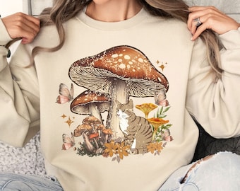 Vintage Cottagecore Katzen- und Pilz-Sweatshirt für Frauen, Zauberpilz-Hoodie, Botanische Natur-Liebhaber-Pullover, Goblincore-Pilzgeschenke