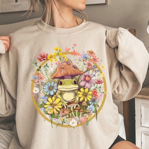 Felpa con funghi Cottage Core, felpa con cappuccio con funghi, camicia botanica, girocollo con funghi rana per donne, maglione con funghi magici carino, regalo rana
