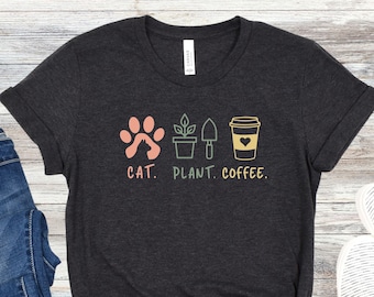 Pianta ragazza camicia gatto amante del caffè camicia pianta amante dei gatti regalo divertente giardiniere gatto t-shirt regalo per mamma giardinaggio amante dei gatti carino pianta regalo Tee