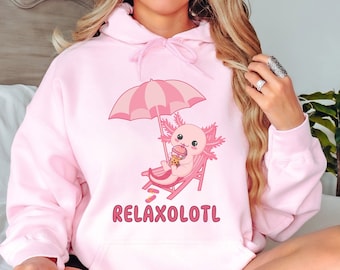 Axolotl-tröja för kvinnor, rolig Axolotl-tröja, Axolotl-älskare-gåva, rolig anime-hoodie Relaxolotl, djurälskare-tröja, Boba Tea-tröja