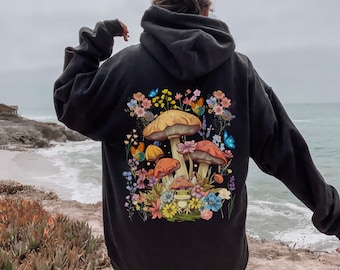 Cottage Core Mushroom Sweatshirt, Mushroom Hoodie, Wildflower Mushroom Sweater, Botanical Shirt For Women, Cute Magic Mushroom Sweater Gift