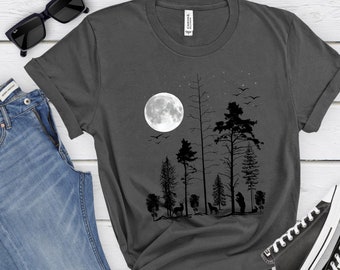Nature Tree Moon Graphic T-Shirt, Forest Wildlife Shirt