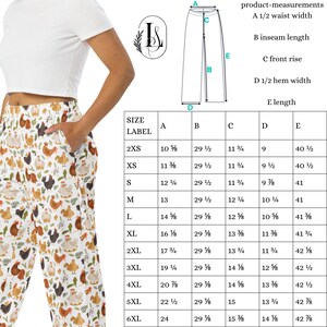May include: A size chart for women's pants with a chicken print. The chart shows the size label, waist width, inseam length, front rise, hem width, and length in inches.