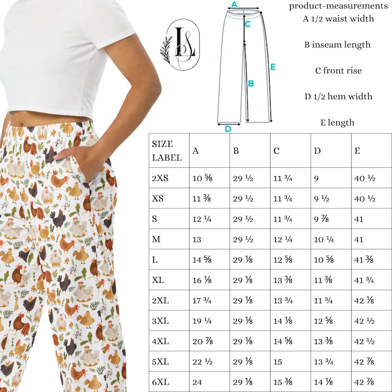May include: A size chart for women's pants with a chicken print. The chart shows the size label, waist width, inseam length, front rise, hem width, and length in inches.