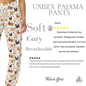 May include: White pajama pants with a chicken print. The text "Soft, Cozy, Breathable" is written in black. The text "Thank You" is written in black with a decorative flourish. A five-star rating is shown with the text "Absolutely thrilled with my purchase! Shipping was a breeze, and I was surprised when it arrived earlier than anticipated. Customer service was fantastic!"  Another five-star rating is shown with the text "I was looking for this exact quality of pajama pants with an elastic and draw string and she even put both submitted pictures on there. Such a sweet personalized gift."