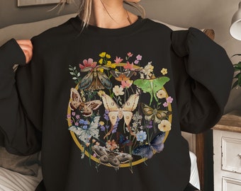 Cottagecore Moth Sweatshirt, Luna Moth Hoodie, Botanical Shirt, Wildflower Moth Crewneck For Women, Moth Nature Lover Sweater, Moth Gifts