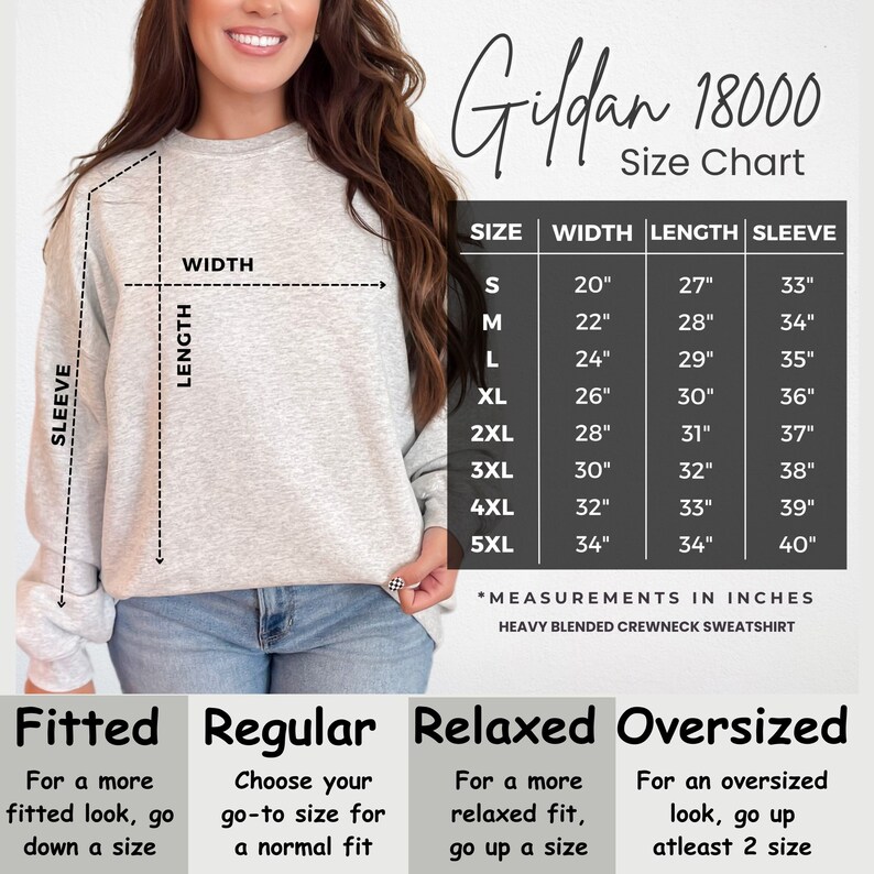K&ouml;nnte beinhalten: Eine Gr&ouml;&szlig;entabelle f&uuml;r Gildan 18000 schwere, melierte Crewneck-Sweatshirts. Die Tabelle zeigt die Ma&szlig;e in Zoll f&uuml;r Breite, L&auml;nge und &Auml;rmell&auml;nge f&uuml;r die Gr&ouml;&szlig;en S bis 5XL. Die Tabelle enth&auml;lt auch Beschreibungen der Passform f&uuml;r jede Gr&ouml;&szlig;e: figurbetont, normal, locker und oversized.
