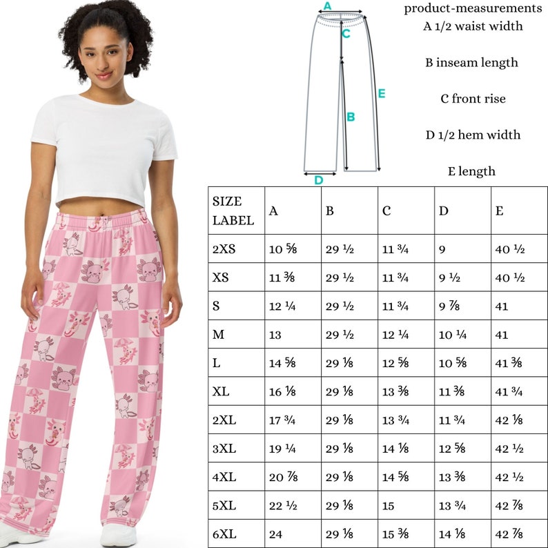 Peut inclure: Pantalon de pyjama rose et blanc &agrave; carreaux avec un motif r&eacute;p&eacute;titif d'axolotls de dessin anim&eacute;. Le pantalon a une taille &eacute;lastique et une jambe large. Mesures en cm.