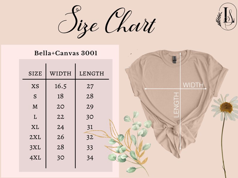 May include: Size chart for Bella + Canvas 3001 t-shirts, showing measurements in inches for width and length for sizes XS to 4XL.