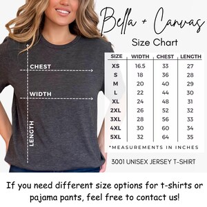 May include: Size chart for Bella + Canvas 3001 unisex jersey t-shirts. The chart shows measurements in inches for chest, width, and length for sizes XS to 5XL.