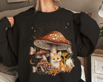 Cottagecore Fox Sweatshirt For Women, Vintage Mushroom Sweater,  Cottage Wild Animal Hoodie, Nature Aesthetic Crewneck, Cute Fox Sweatshirt