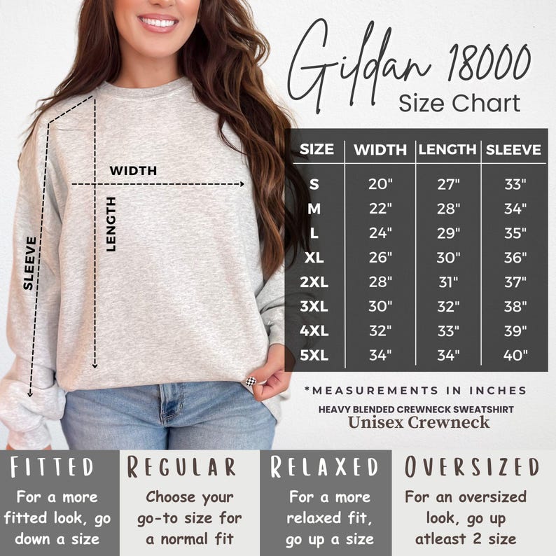 May include: Size chart for Gildan 18000 heavy blended crewneck sweatshirt. The chart shows measurements in inches for width, length, and sleeve length for sizes S through 5XL. The chart also includes descriptions for fitted, regular, relaxed, and oversized fits.
