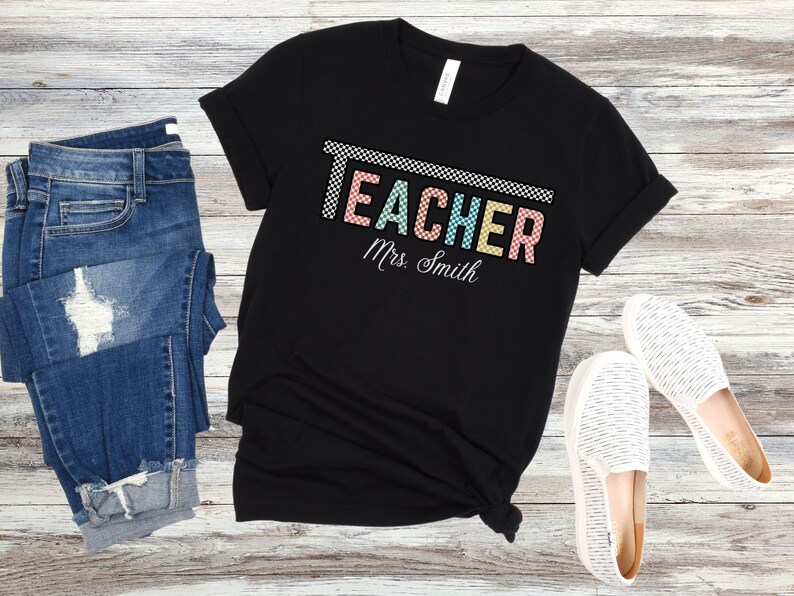 Custom Checkered Teacher Shirt, Personalized Retro Teacher Name Tshirt