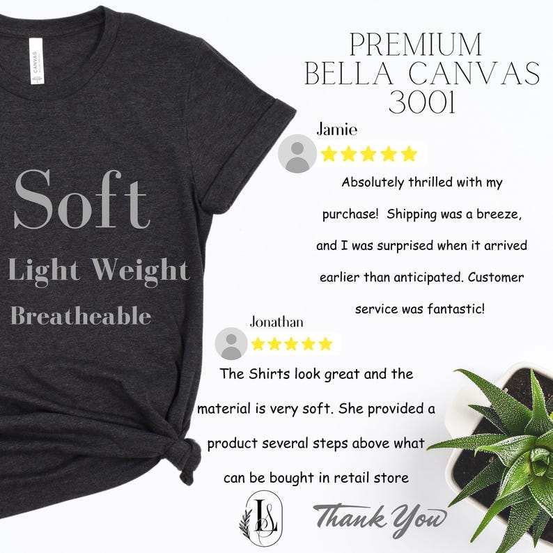 May include: A dark grey Bella Canvas 3001 t-shirt with a V-neck. The shirt is soft, lightweight, and breathable. The text "Soft", "Light Weight", and "Breatheable" is printed on the shirt. The shirt is shown on a white background with customer reviews.