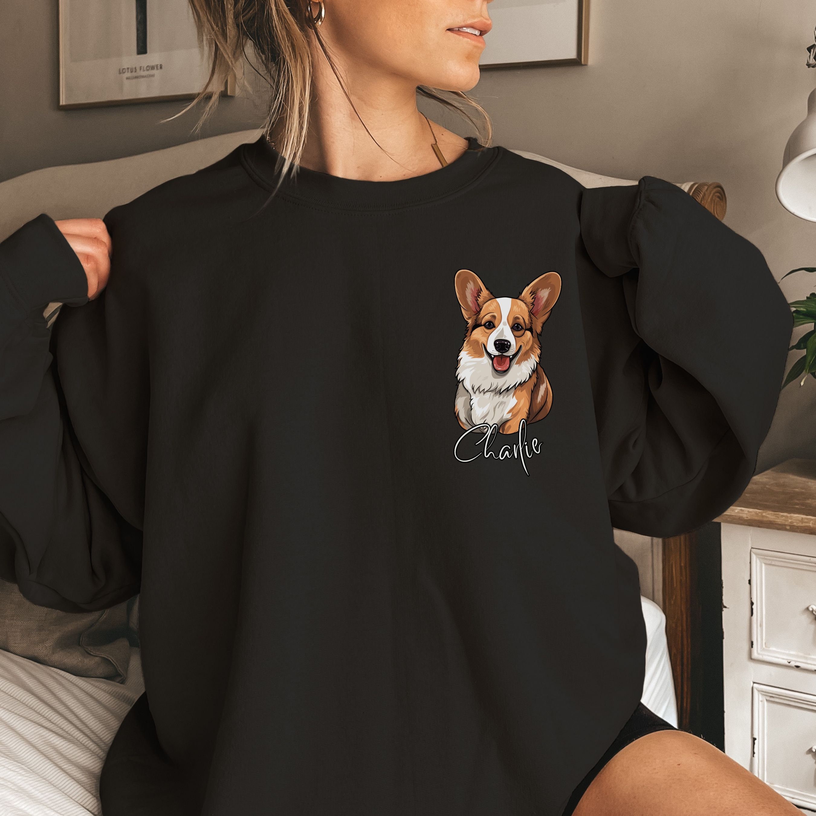 トップス CORGI \"4PLY LINEN CREWNECK Embroidered Four Cute Corgi Sweatshirt – Zaotify