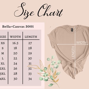 Pu&ograve; includere: Tabella delle taglie per le t-shirt Bella + Canvas 3001, che mostra le misure in pollici per larghezza e lunghezza per le taglie XS a 4XL.
