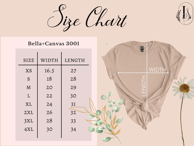 Pu&ograve; includere: Tabella delle taglie per le t-shirt Bella + Canvas 3001, che mostra le misure in pollici per larghezza e lunghezza per le taglie XS a 4XL.