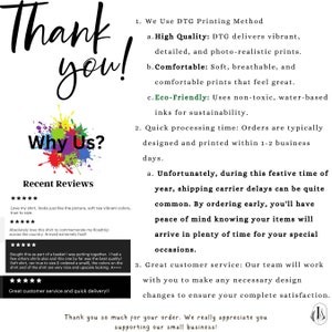 K&ouml;nnte beinhalten: Danke! Warum wir? Eine bunte Grafik mit dem Text "Why Us?" Ein Abschnitt mit dem Titel "Aktuelle Bewertungen" mit F&uuml;nf-Sterne-Bewertungen und Kundenrezensionen. Der Text "Wir verwenden die DTG-Druckmethode" mit Aufz&auml;hlungszeichen, die die Vorteile des DTG-Drucks beschreiben: Hohe Qualit&auml;t, Komfort und Umweltfreundlich. Der Text "Schnelle Bearbeitungszeit: Bestellungen werden in der Regel innerhalb von 1-2 Werktagen entworfen und gedruckt." Der Text "Hervorragender Kundenservice: Unser Team arbeitet mit Ihnen zusammen, um alle notwendigen Design&auml;nderungen vorzunehmen, um Ihre vollst&auml;ndige Zufriedenheit zu gew&auml;hrleisten." Der Text "Vielen Dank f&uuml;r Ihre Bestellung. Wir freuen uns sehr &uuml;ber Ihre Unterst&uuml;tzung unseres kleinen Unternehmens!"