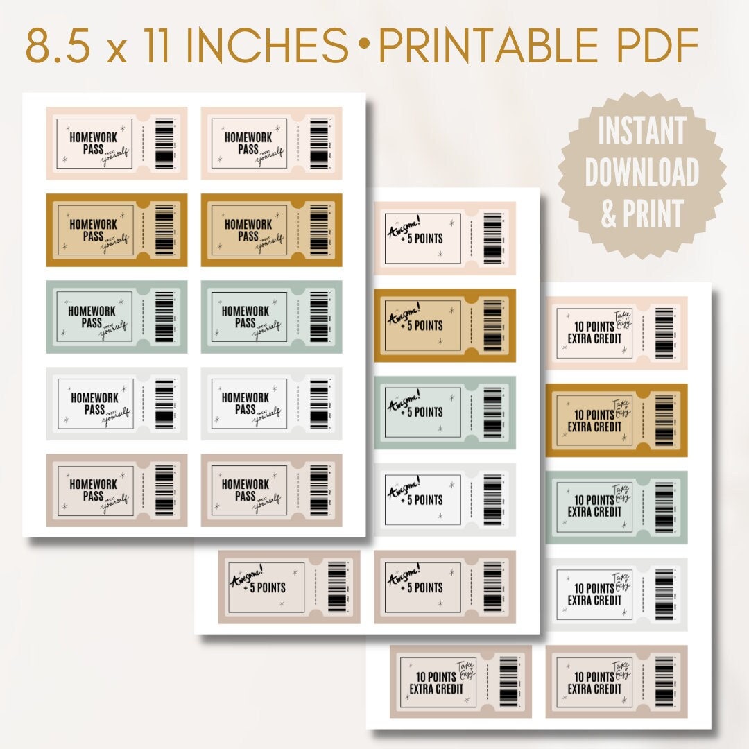 Printable Classroom Reward Coupons Homework Pass Coupons Extra Credit Classroom Coupons Digital